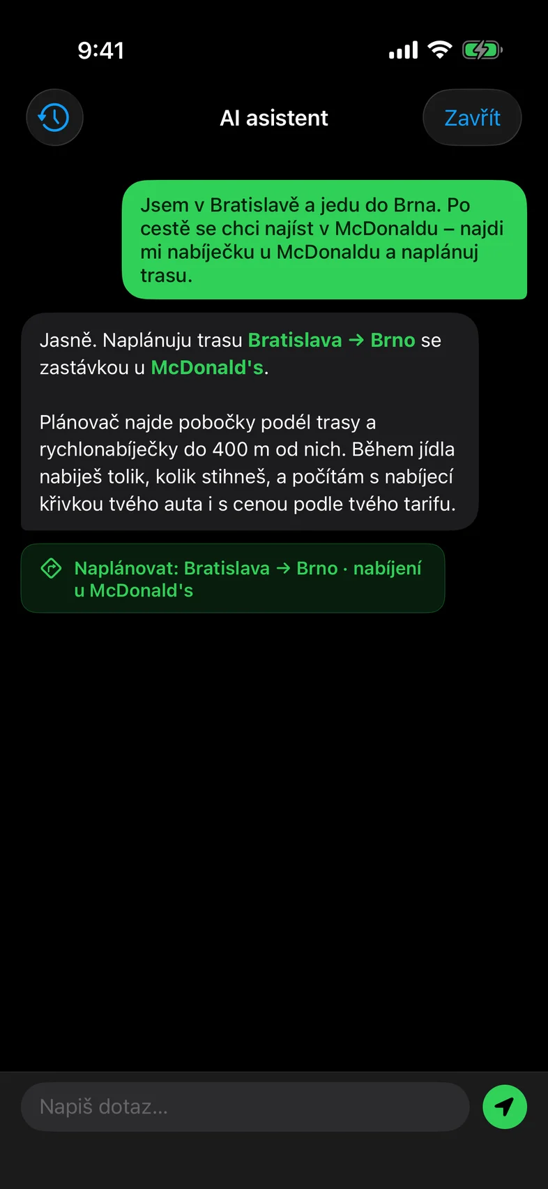 AI asistent: najdi nabíječku u McDonaldu po cestě z Bratislavy do Brna