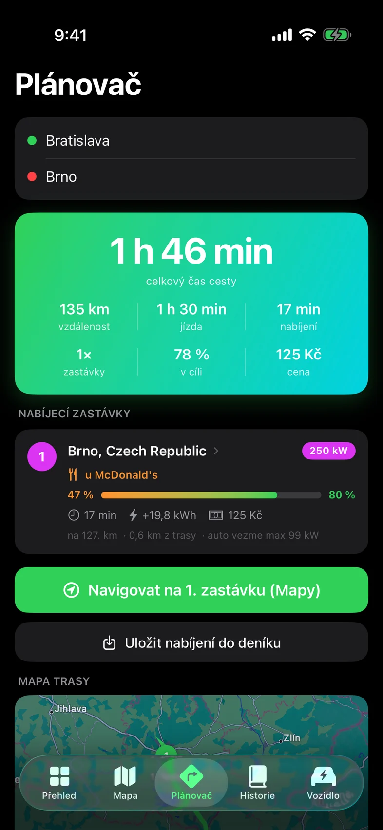 Naplánovaná trasa Bratislava–Brno se zastávkou u McDonald's